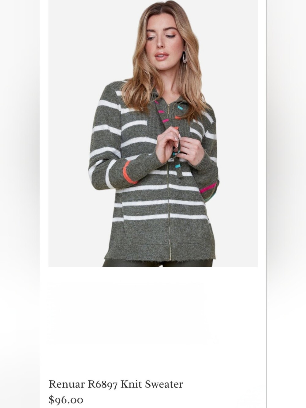 Renuar Olive Green Striped Zip-Up Cardigan  Color Accent Drawstrings Fall Cozy